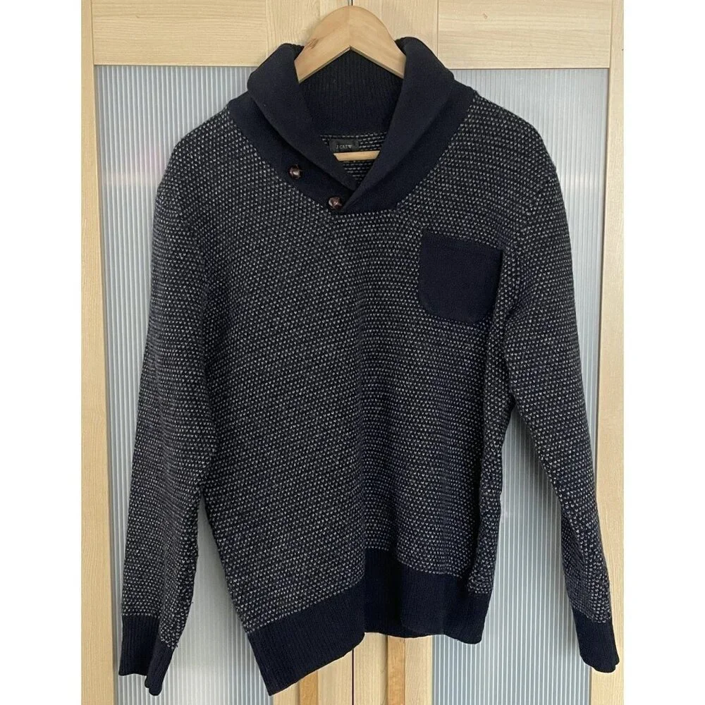 J Crew Mens Blue and White Pullover Sweater Lambswool Size M